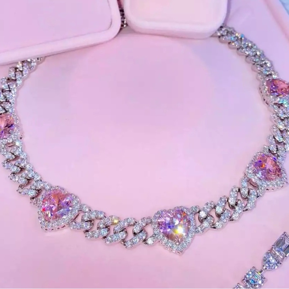 Silver and Pink Heart Necklace 16inch